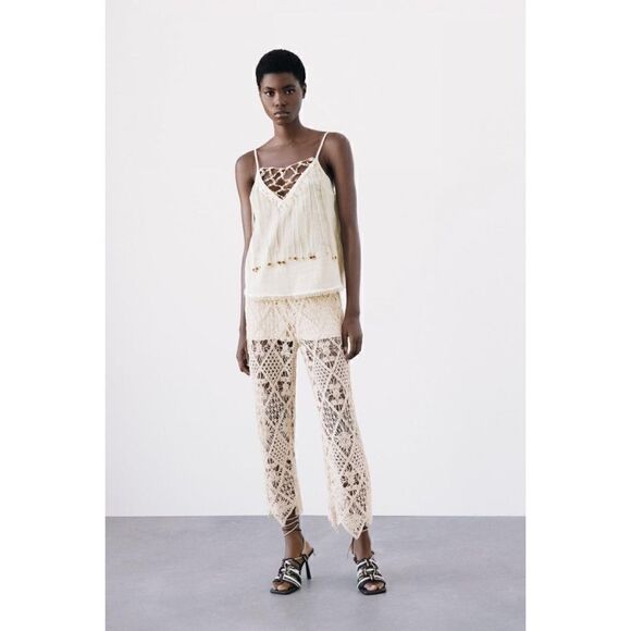 NWT Zara Beaded Macrame Knot & Fringe Cotton V-Neck Top in Ecru, Size XS - Picture 2 of 15